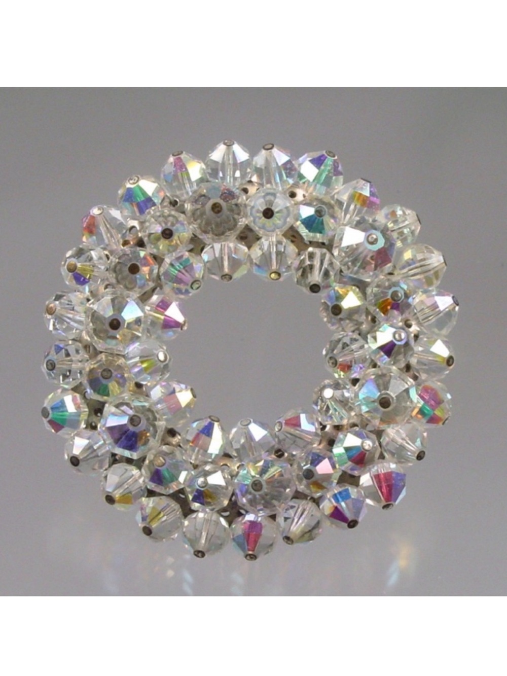 Vintage Clear Round Aura Borealis Crystal Silver Brooch
